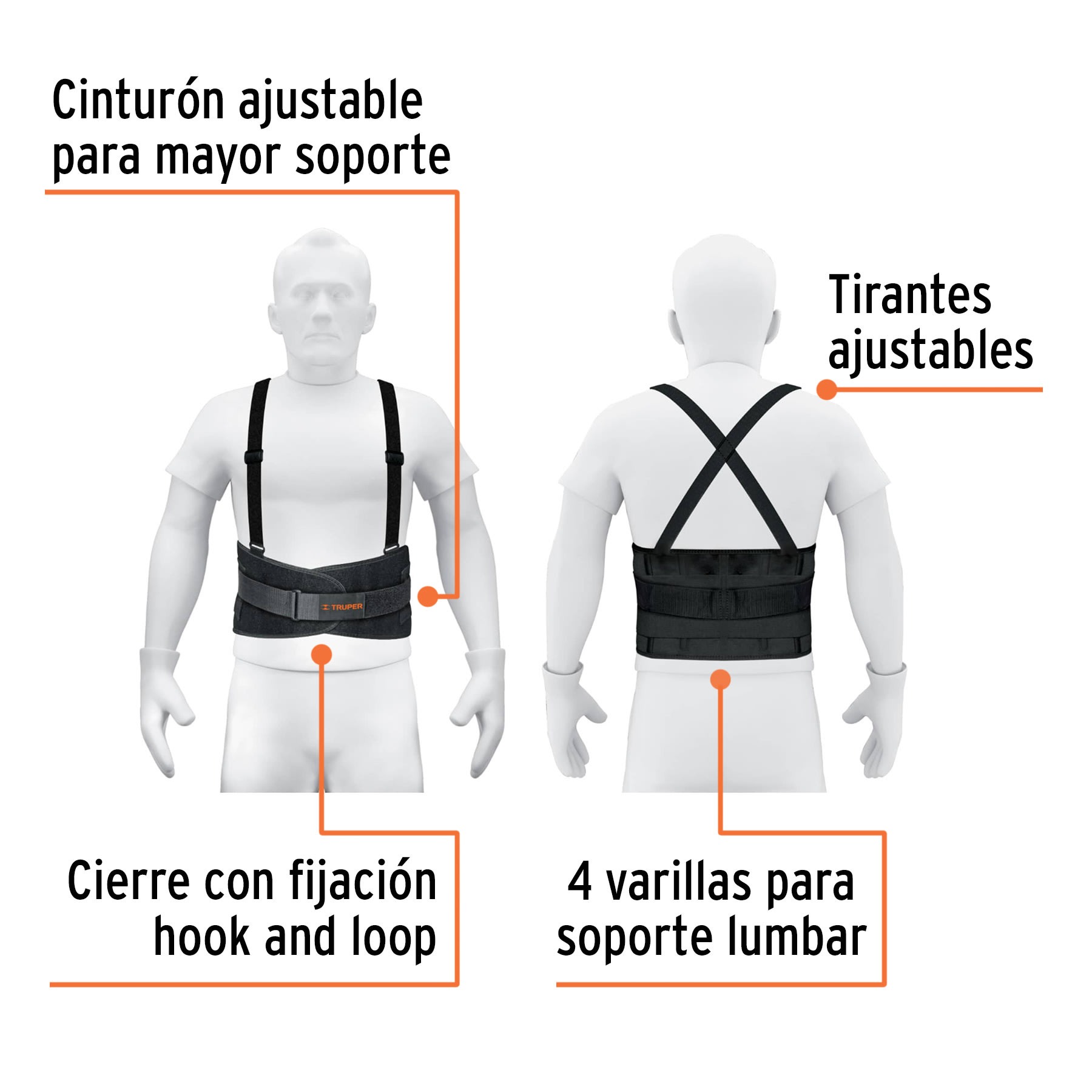Cinturón Soporte Lumbar TRUPER | 4 Varillas + Ajuste Hook & Loop - Imagen 5